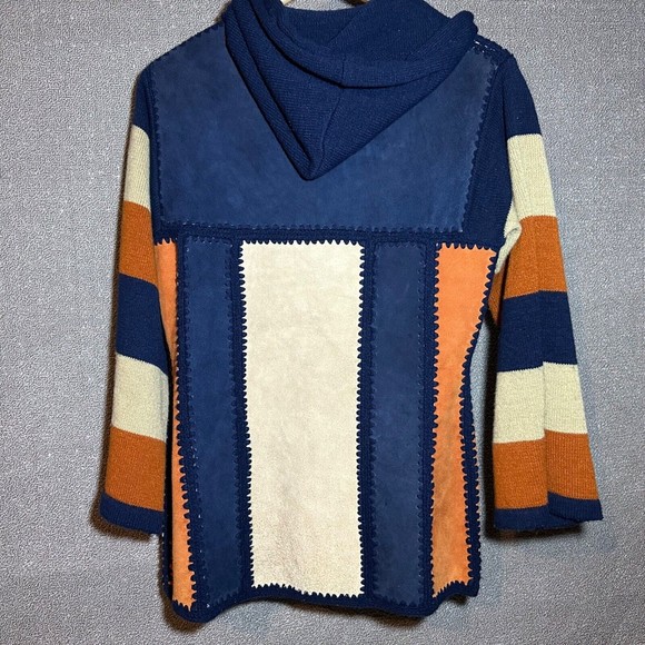 Vintage Women`s Small Leather Acrylic Indian Aztec Navy Blue Jacket w/ Hood - Picture 10 of 10